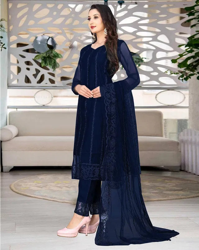 Blue Net Kurta Set with Dupatta & Bottomwear — Women Festive Ethnic Wear