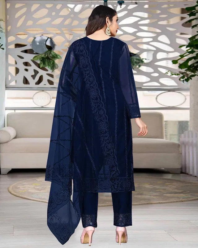 Blue Net Kurta Set with Dupatta &amp; Bottomwear — Women Festive Ethnic Wear