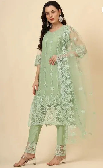 Mint Green Kurta Set with Dupatta &amp; Bottomwear — Women Festive Traditional Wear