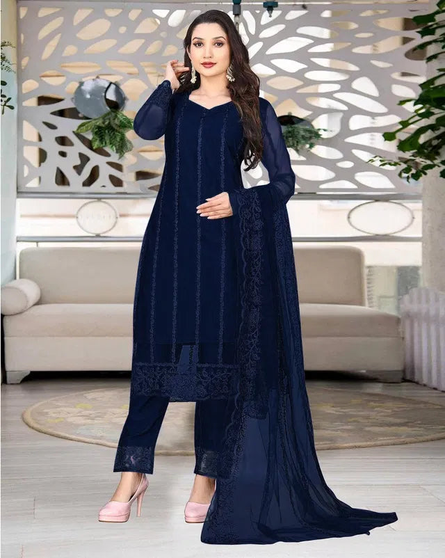 Blue Net Kurta Set with Dupatta &amp; Bottomwear — Women Festive Ethnic Wear