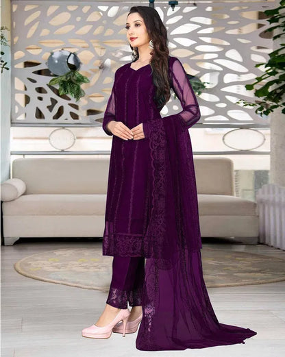 Purple Net Kurta Set with Dupatta &amp; Bottomwear — Women Festive Ethnic Wear