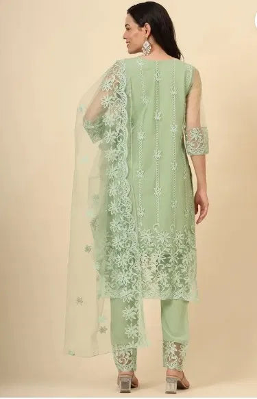 Mint Green Kurta Set with Dupatta &amp; Bottomwear — Women Festive Traditional Wear