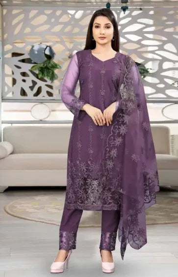 Deep Purple Embroidered Kurta Set with Dupatta — Women Traditional Festive Wear