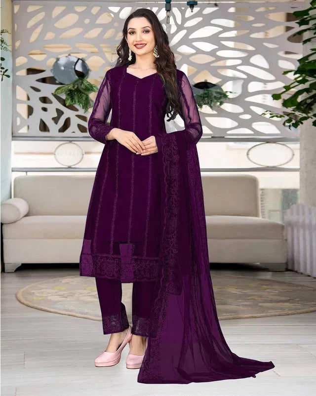 Purple Net Kurta Set with Dupatta &amp; Bottomwear — Women Festive Ethnic Wear