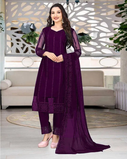 Purple Net Kurta Set with Dupatta &amp; Bottomwear — Women Festive Ethnic Wear