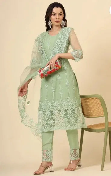 Mint Green Kurta Set with Dupatta &amp; Bottomwear — Women Festive Traditional Wear