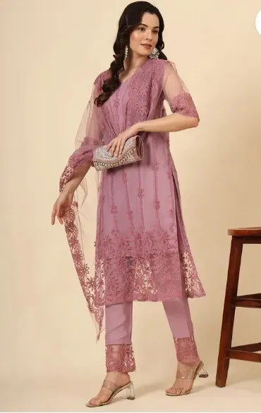 Blush Pink Kurta Set with Dupatta &amp; Bottomwear — Women Festive Ethnic Wear