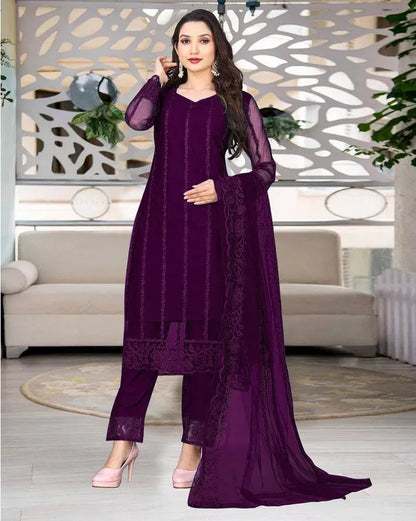 Purple Net Kurta Set with Dupatta &amp; Bottomwear — Women Festive Ethnic Wear
